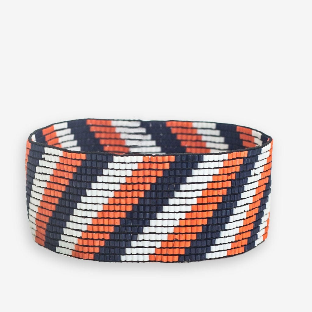 Kenzie Game Day Diagonal Stripes Beaded Stretch Bracelet Navy and Orange Wholesale