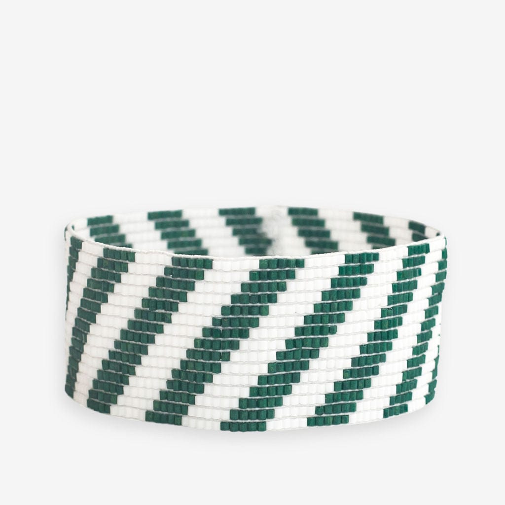 Kenzie Game Day Diagonal Stripes Beaded Stretch Bracelet Dark Green and White Wholesale