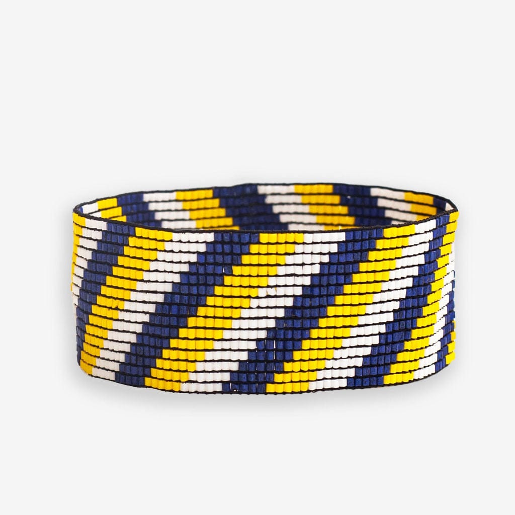 Kenzie Game Day Diagonal Stripes Beaded Stretch Bracelet Navy and Yellow Wholesale