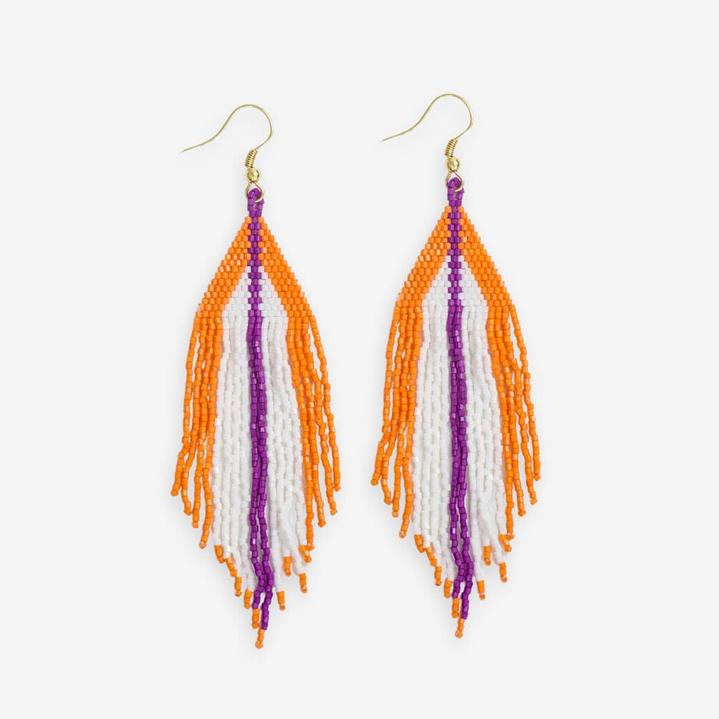 Jane Game Day Triangle with Stripe Beaded Fringe Earrings Orange and Purple Wholesale