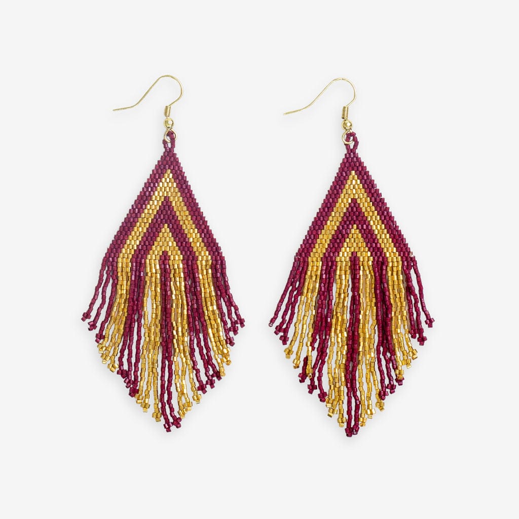 Haley Game Day Stacked Triangle Beaded Fringe Earrings Dark Red and Gold Wholesale