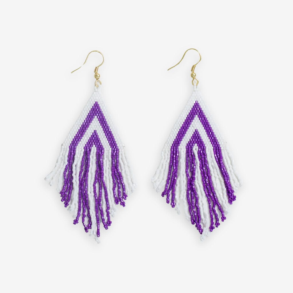 Haley Game Day Stacked Triangle Beaded Fringe Earrings Purple and White Wholesale