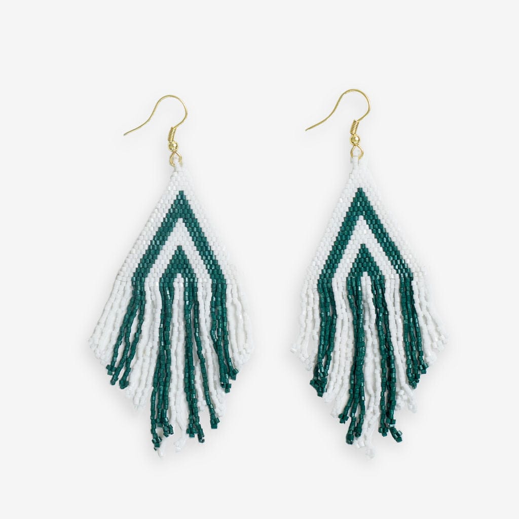 Haley Game Day Stacked Triangle Beaded Fringe Earrings Dark Green and White Wholesale