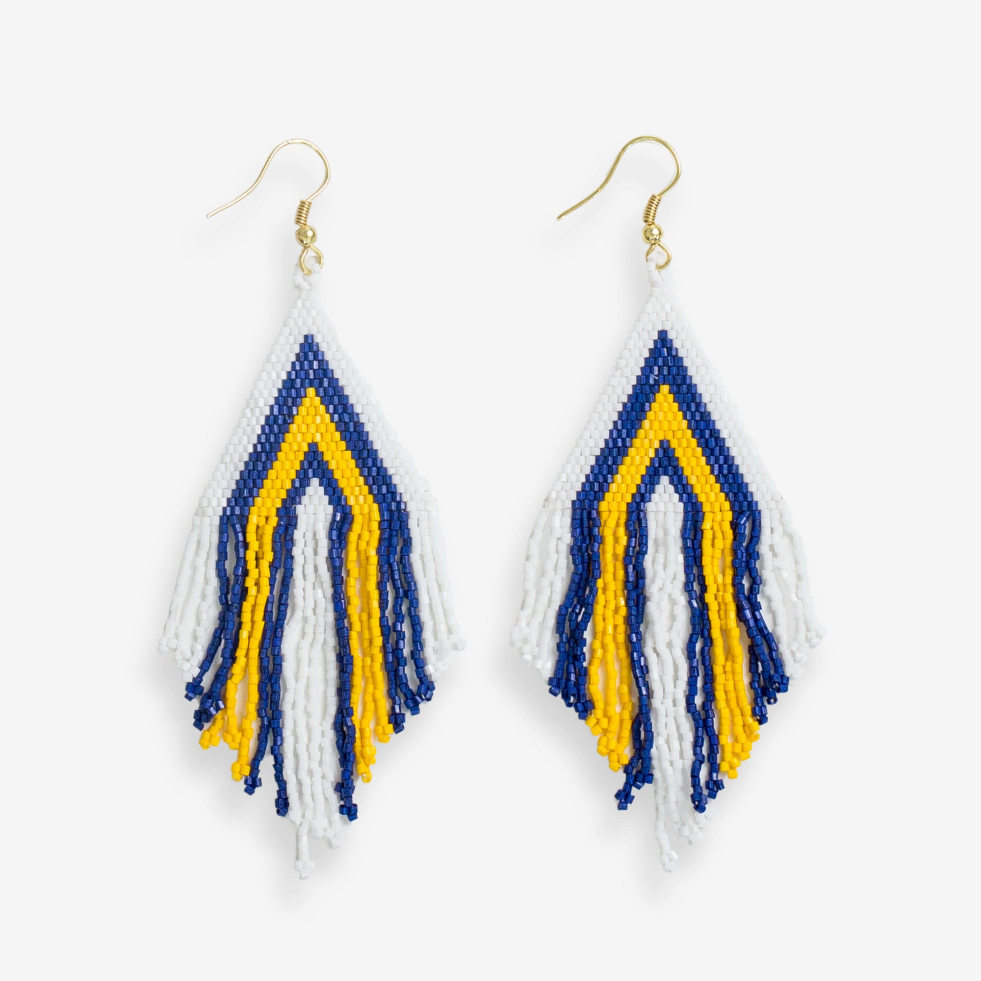 Haley Game Day Stacked Triangle Beaded Fringe Earrings Navy and Yellow Wholesale