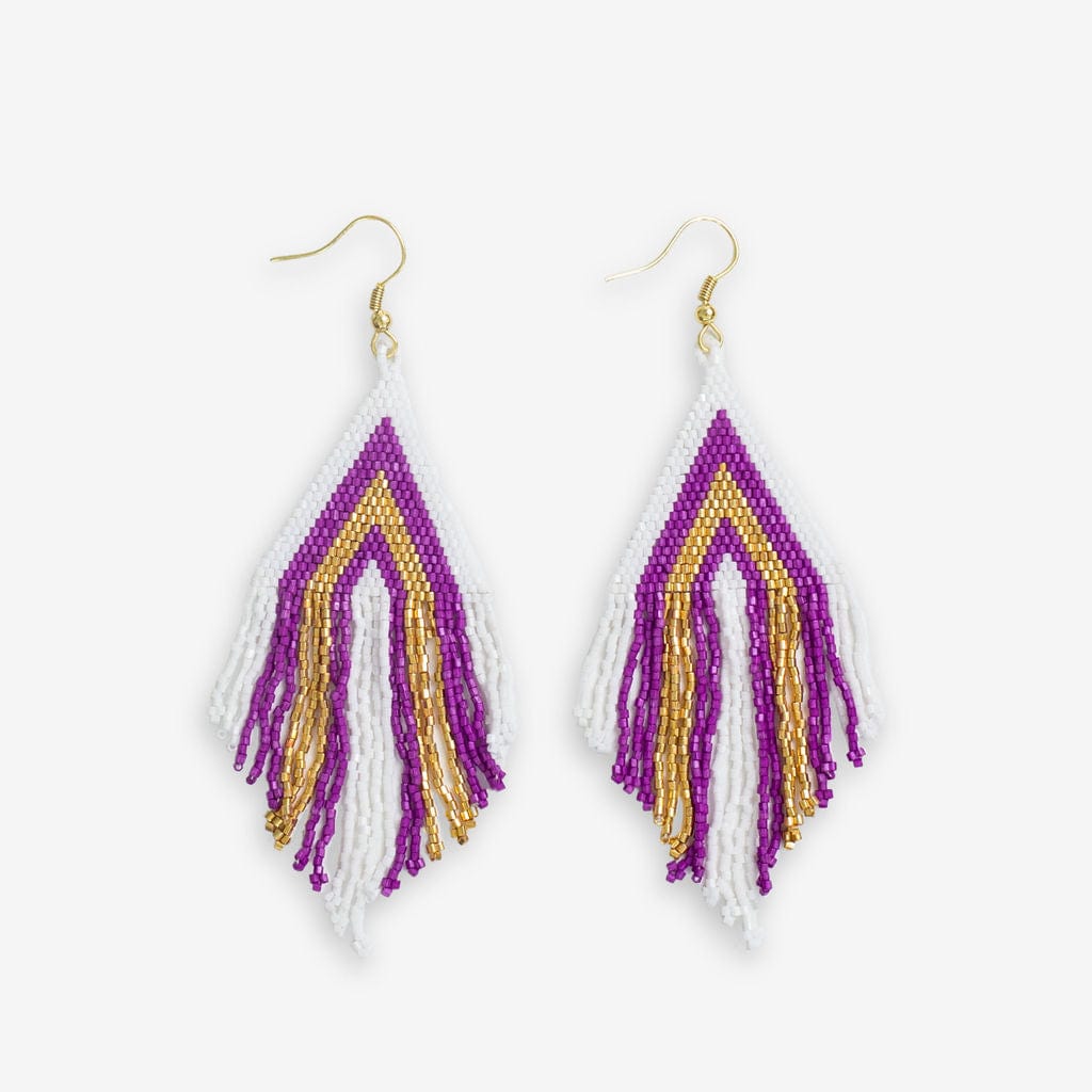 Haley Game Day Stacked Triangle Beaded Fringe Earrings Purple and Gold Wholesale