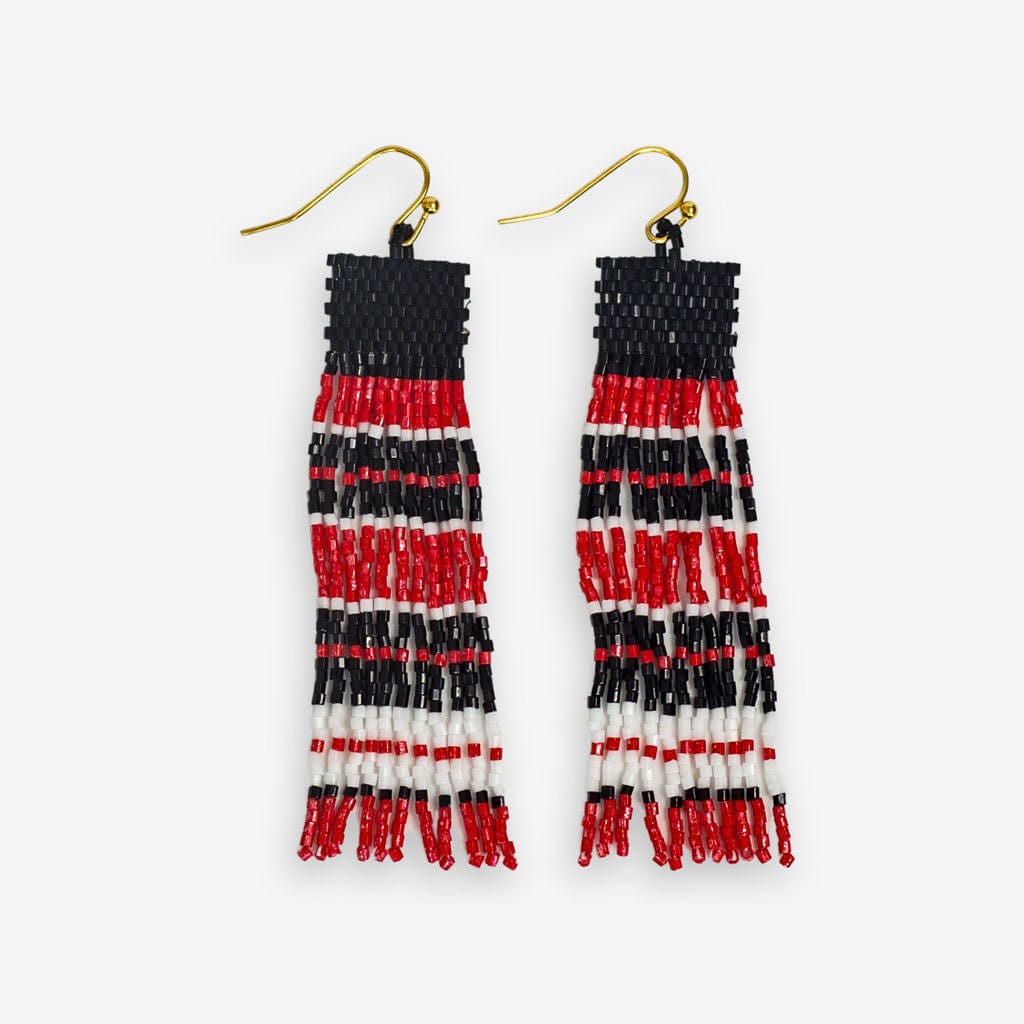 Billie Game Day Mixed Horizontal Stripes Beaded Fringe Earrings Scarlet and Black Wholesale