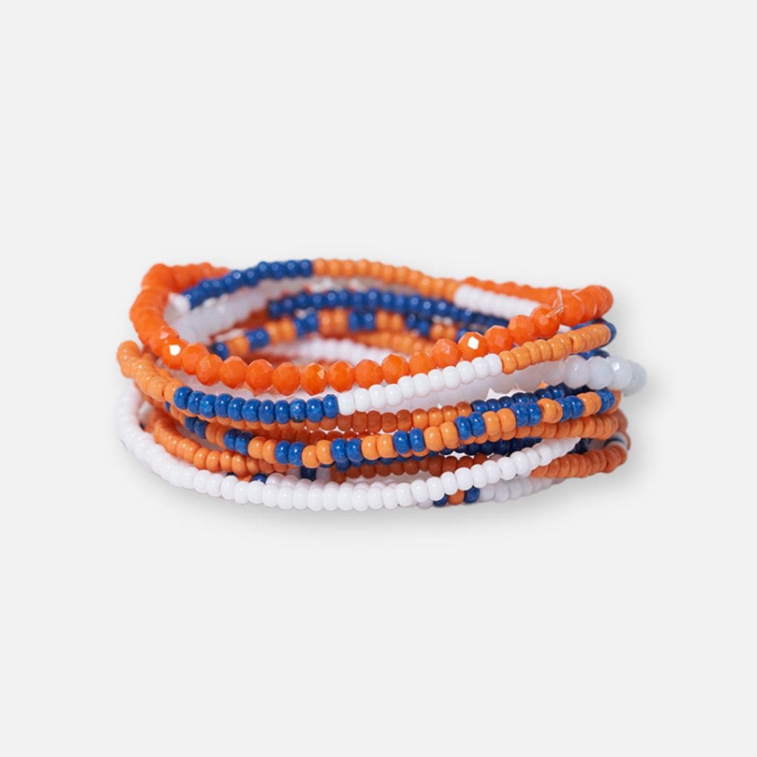 Game Day Color Block Beaded 10 Strand Stretch Bracelets Blue and Orange Wholesale