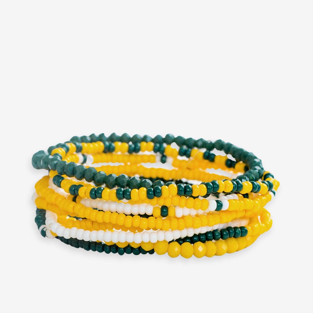 Game Day Color Block Beaded 10 Strand Stretch Bracelet Set Green and Yellow Wholesale