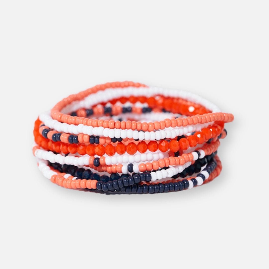 Game Day Color Block Beaded 10 Strand Stretch Bracelets Navy and Orange Wholesale