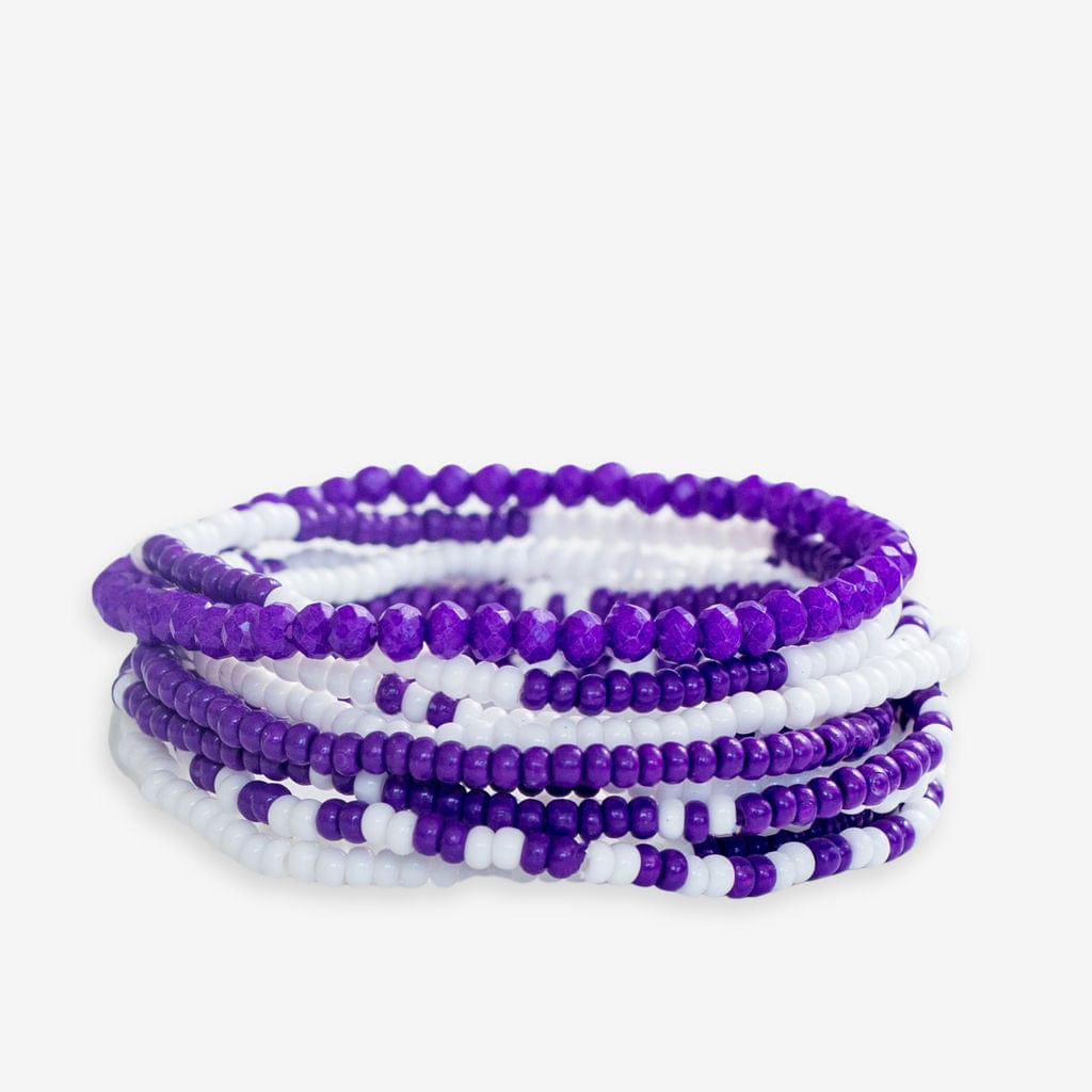 Game Day Color Block Beaded 10 Strand Stretch Bracelet Set Purple and White Wholesale