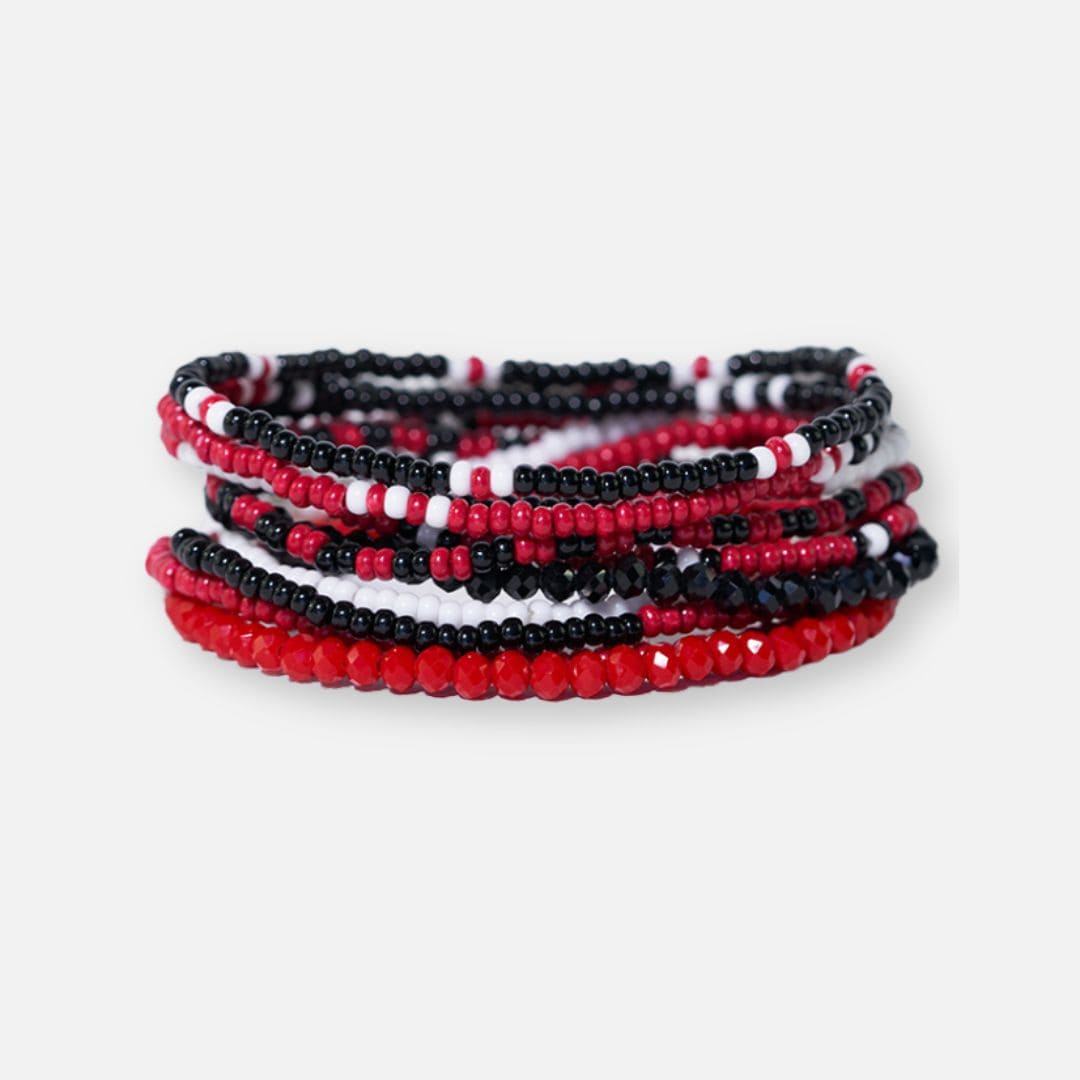 Game Day Color Block Beaded 10 Strand Stretch Bracelets Red and Black Wholesale