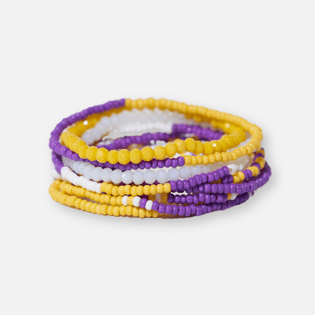 Game Day Color Block Beaded 10 Strand Stretch Bracelets Purple and Yellow Wholesale