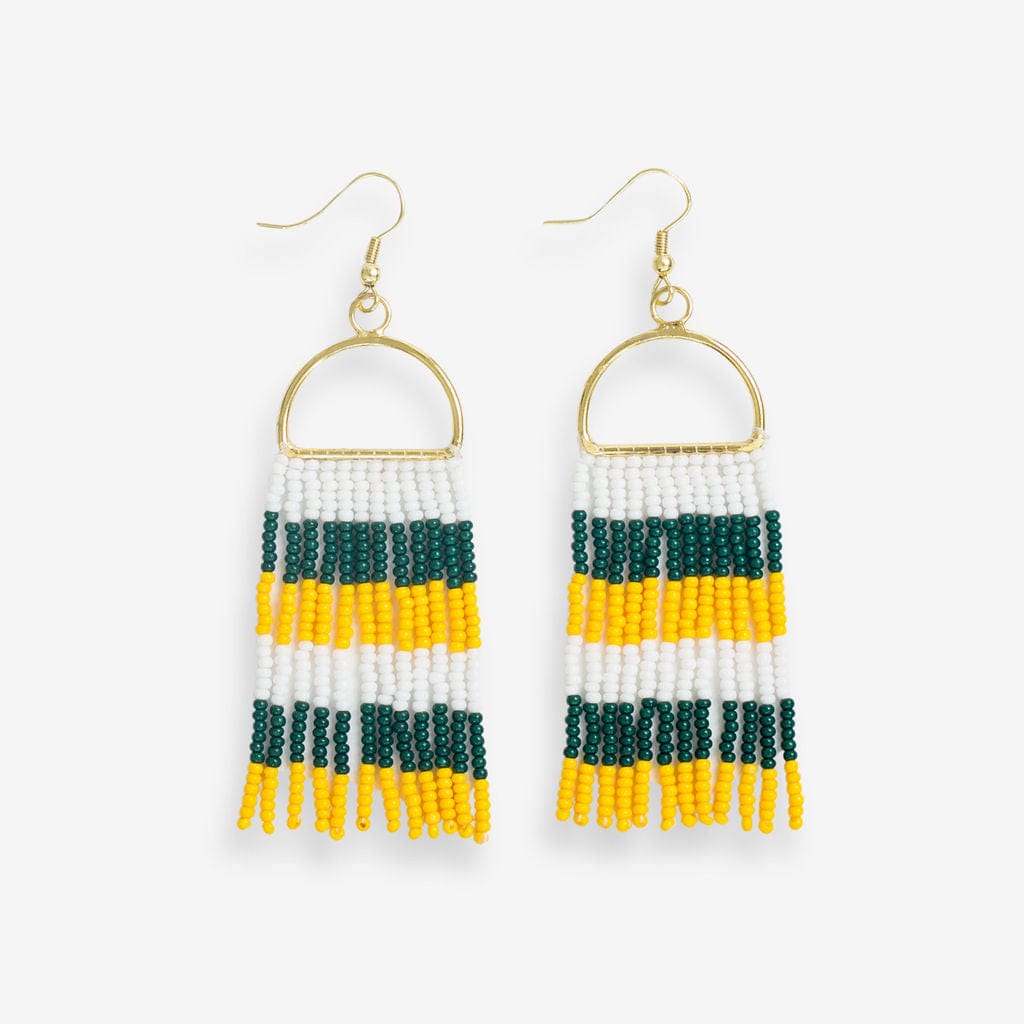 Allison Game Day Horizontal Stripes Beaded Fringe Earrings Green and Yellow Wholesale