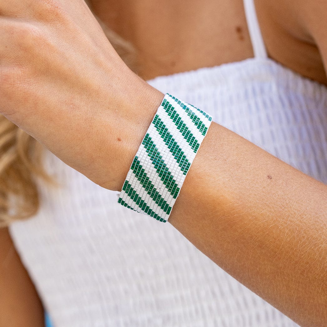 Kenzie Game Day Diagonal Stripes Beaded Stretch Bracelet Dark Green and White Wholesale