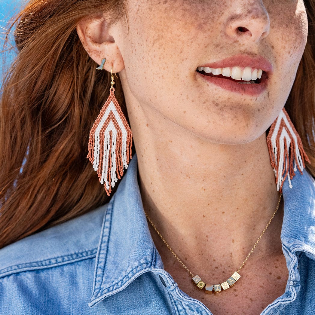Haley Game Day Stacked Triangle Beaded Fringe Earrings Burnt Orange and White Wholesale