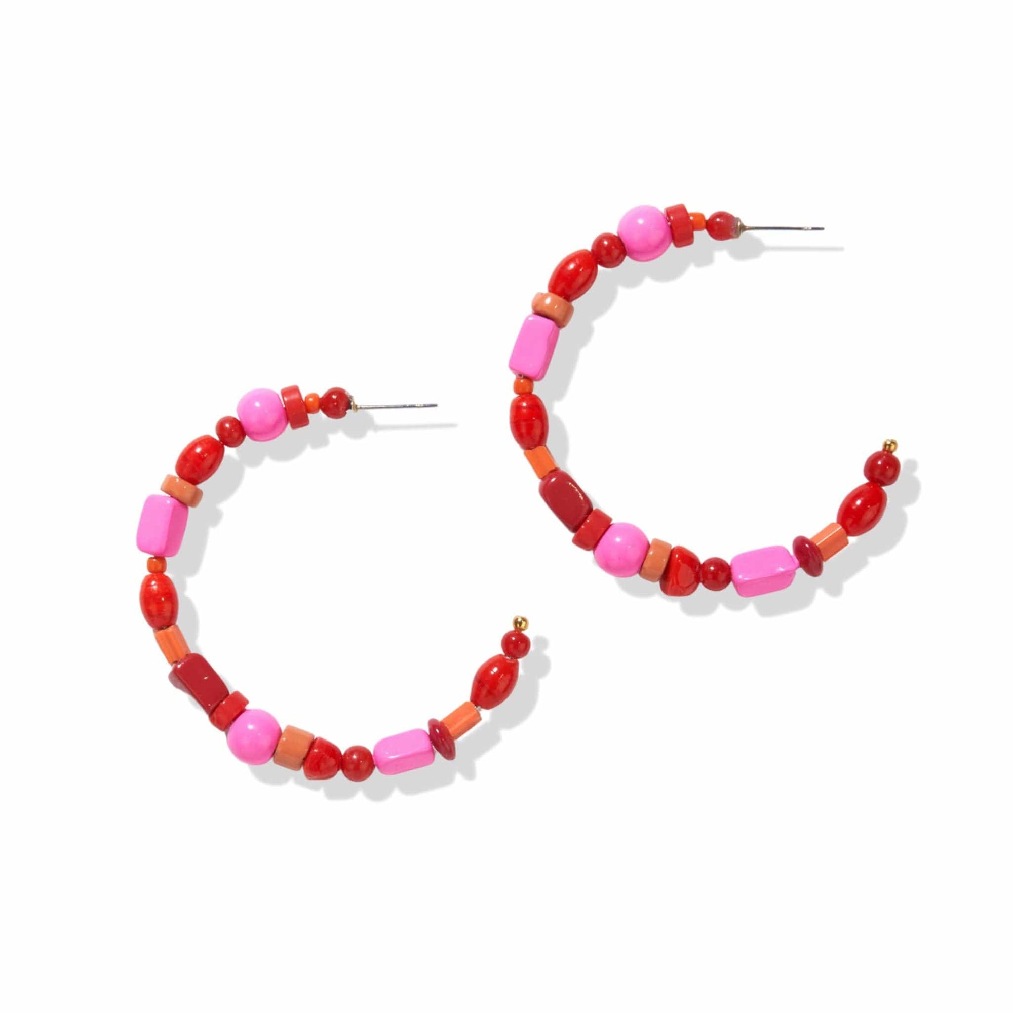 Annie Mixed Beaded Hoop Earrings Red and Hot Pink Wholesale