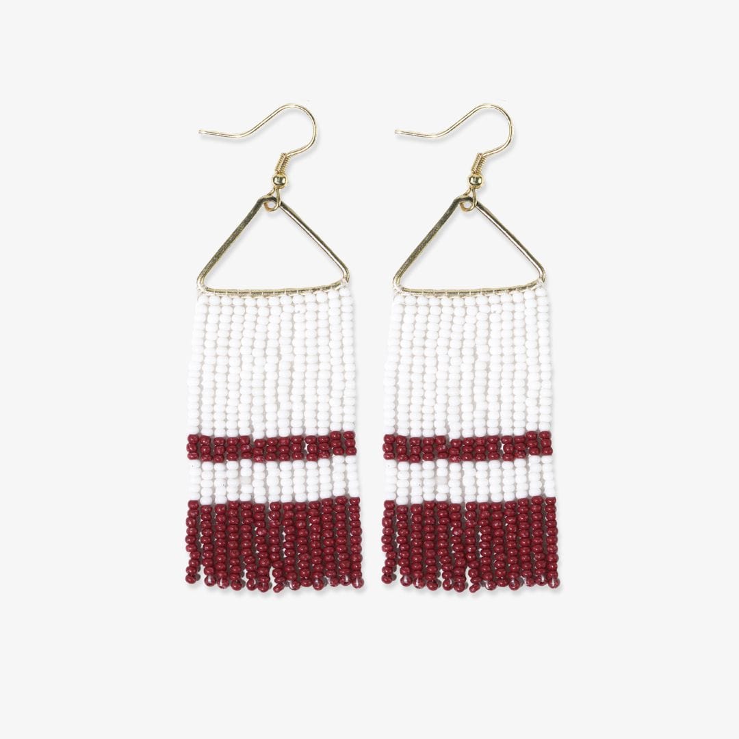 Whitney Three Stripe Beaded Fringe Earrings Dark Red and White Wholesale