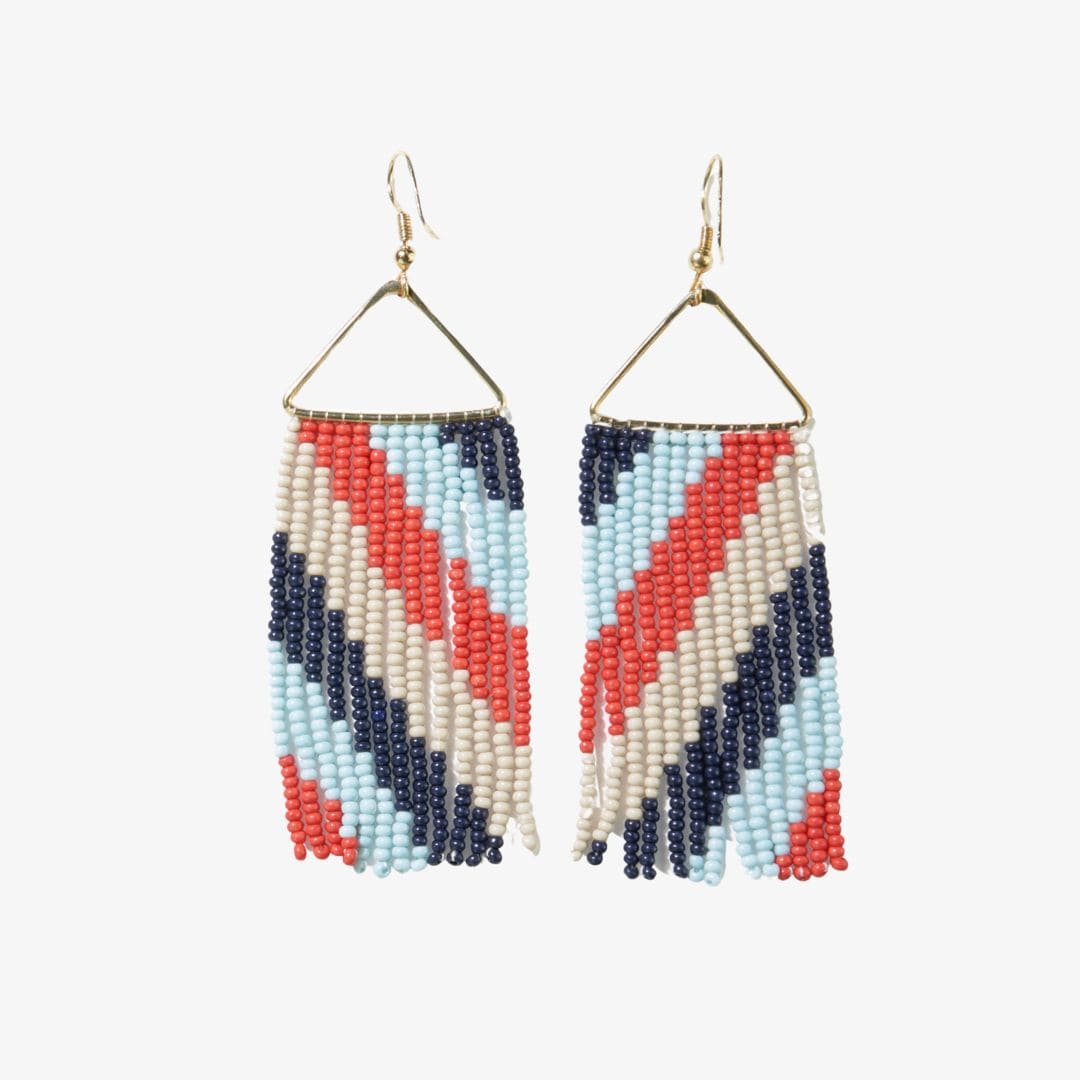 Whitney Diagonal Stripe Beaded Fringe Earrings Blue and Red Wholesale