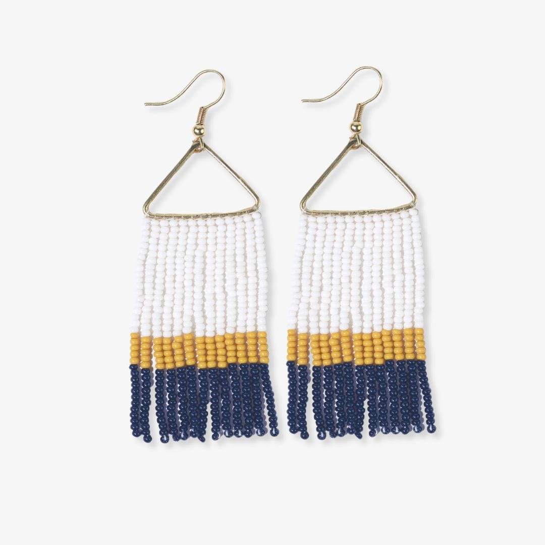 Whitney Color Block Stripe Beaded Fringe Earrings Yellow and Navy Wholesale