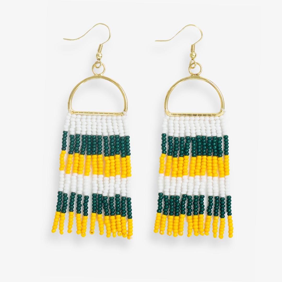 Allison Game Day Horizontal Stripes Beaded Fringe Earrings Green and Yellow Wholesale