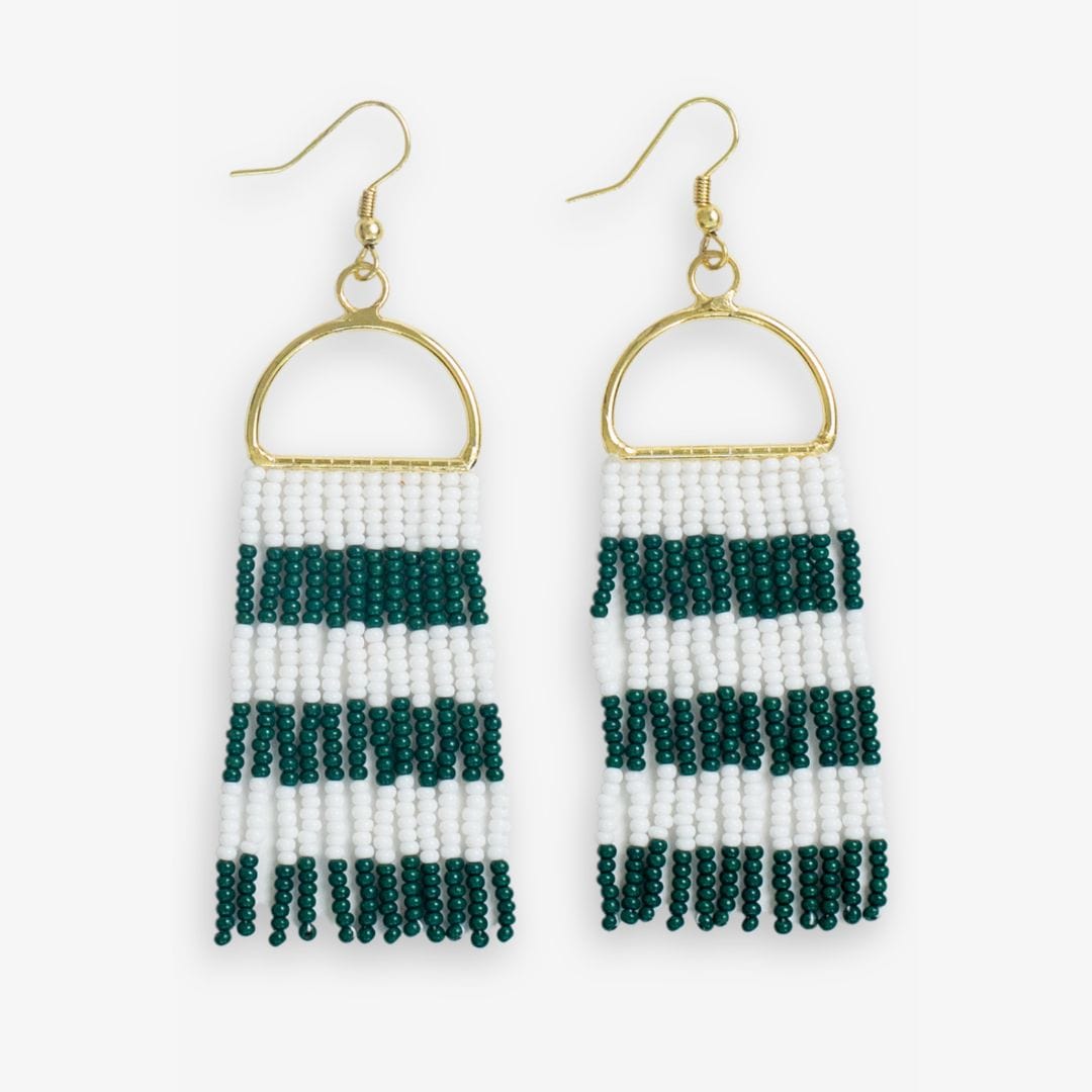 Allison Game Day Horizontal Stripes Beaded Fringe Earrings Dark Green and White Wholesale