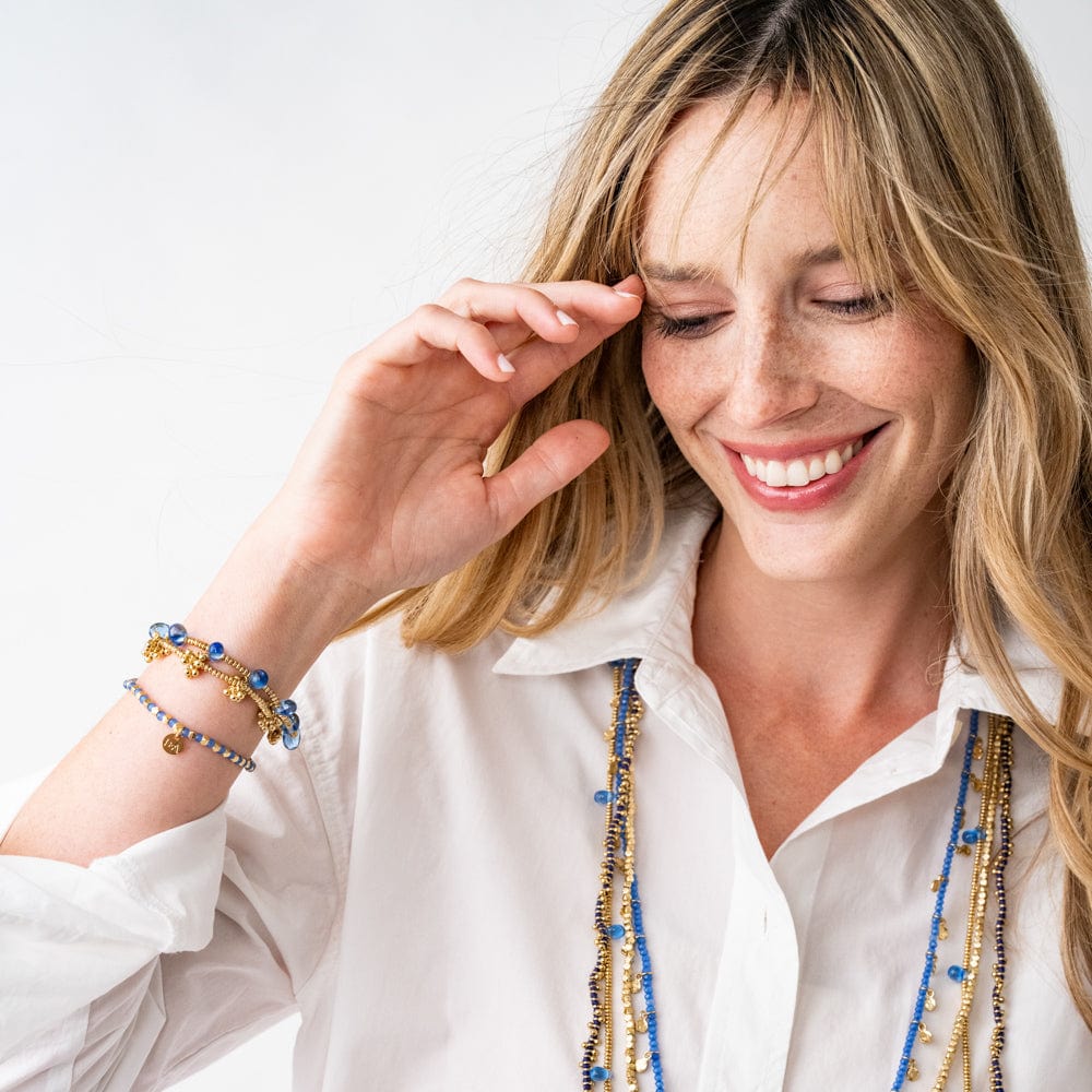 Hope Brass Stretch Bracelet With Glass Beads Blue Wholesale