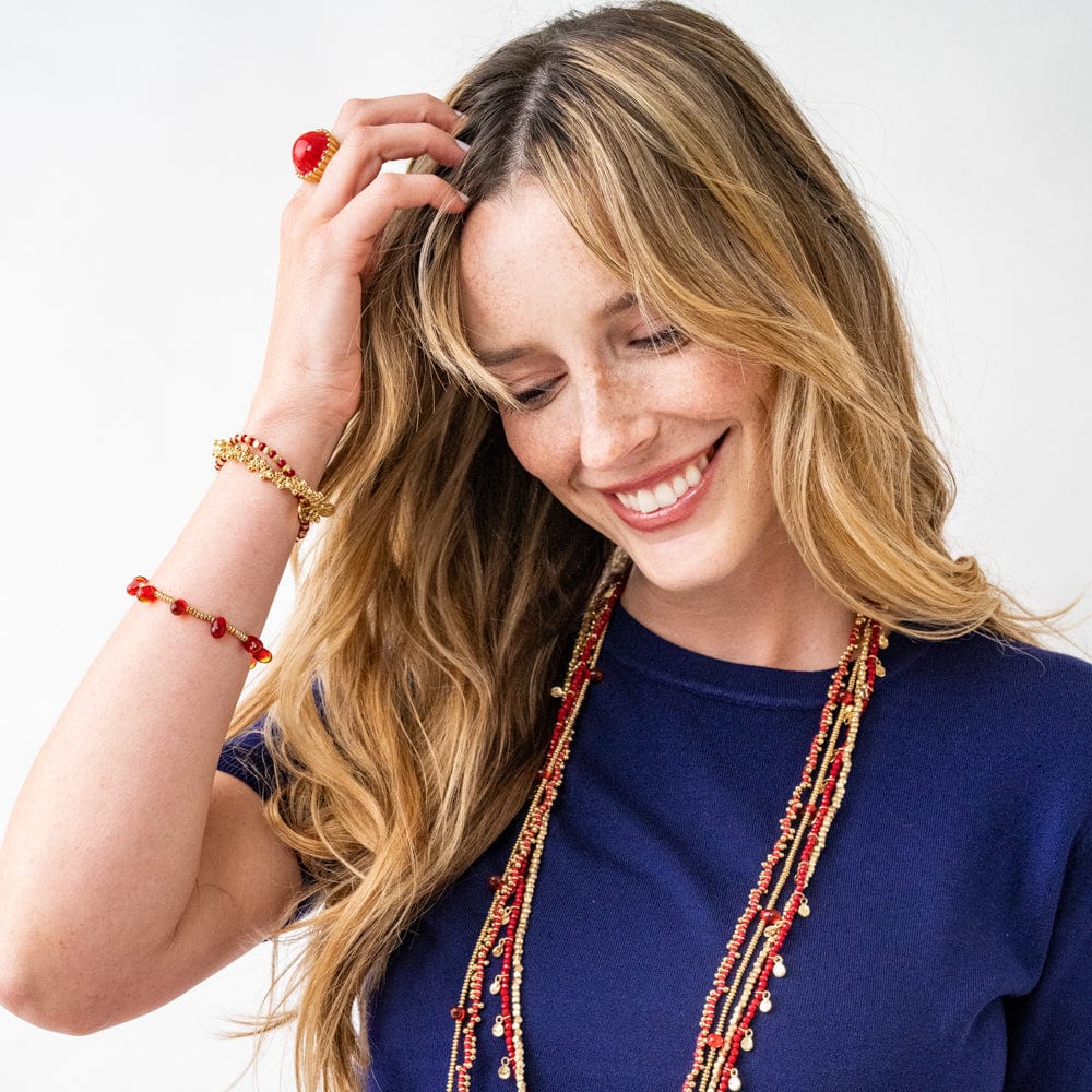 Hope Brass Stretch Bracelet With Glass Beads Red Wholesale