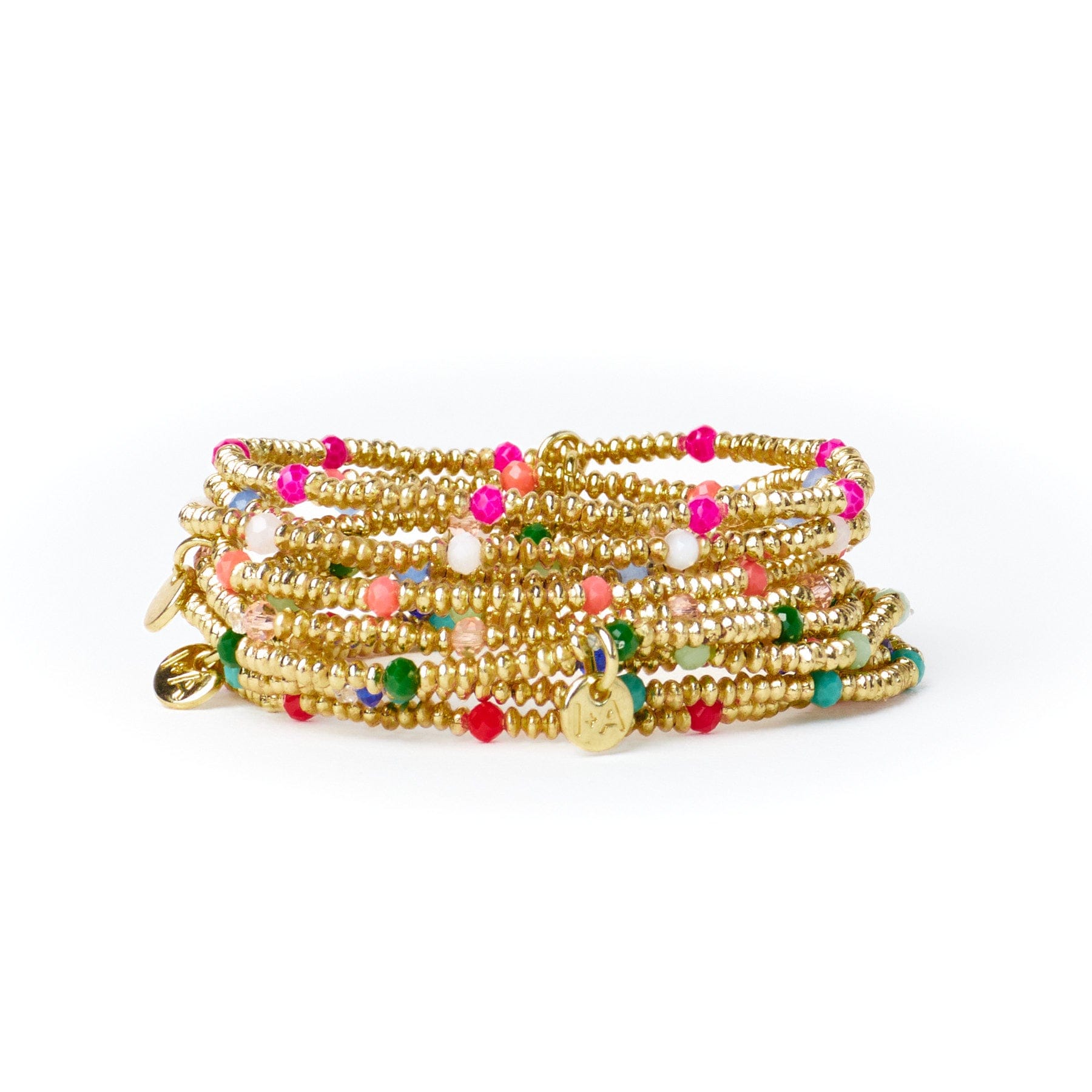 Ashley Small Brass + Crystal Stretch Bracelet Hot Pink + Gold Wholesale
