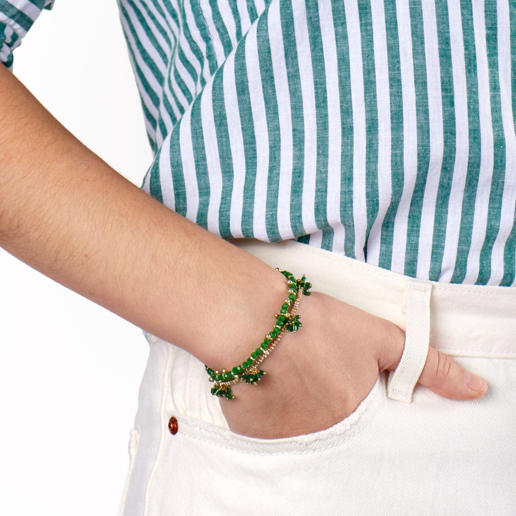 Kami Crystal With Brass Charm Stretch Bracelet Kelly Green + Gold Wholesale