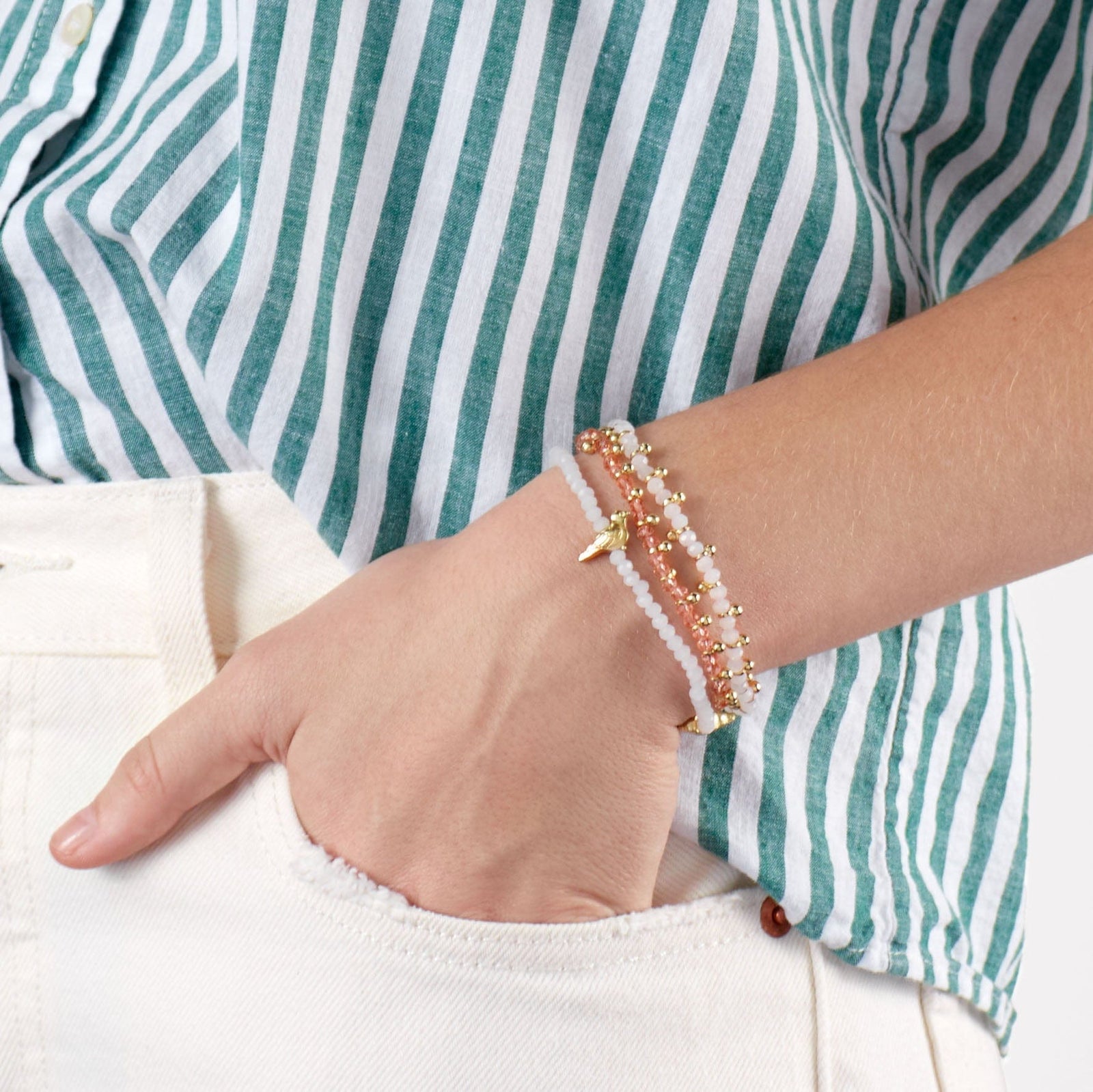 Janie Crystal Stretch Bracelet With Brass Bird Charms White Wholesale