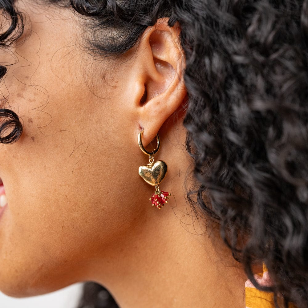 Ruby Small Brass Heart Hoop Earrings Red Wholesale