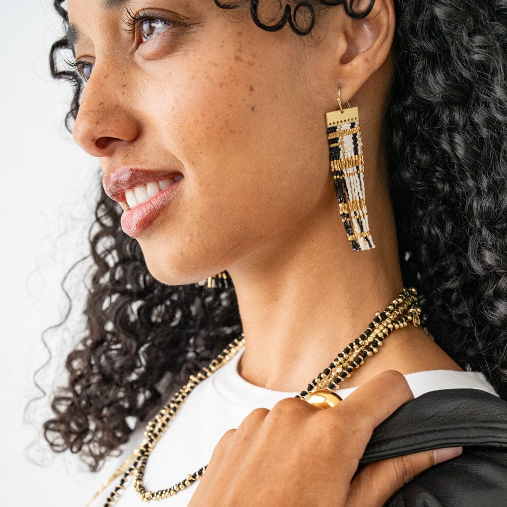 Mckenzie Brass Bar Long Fringe Earrings Black + Gold Wholesale