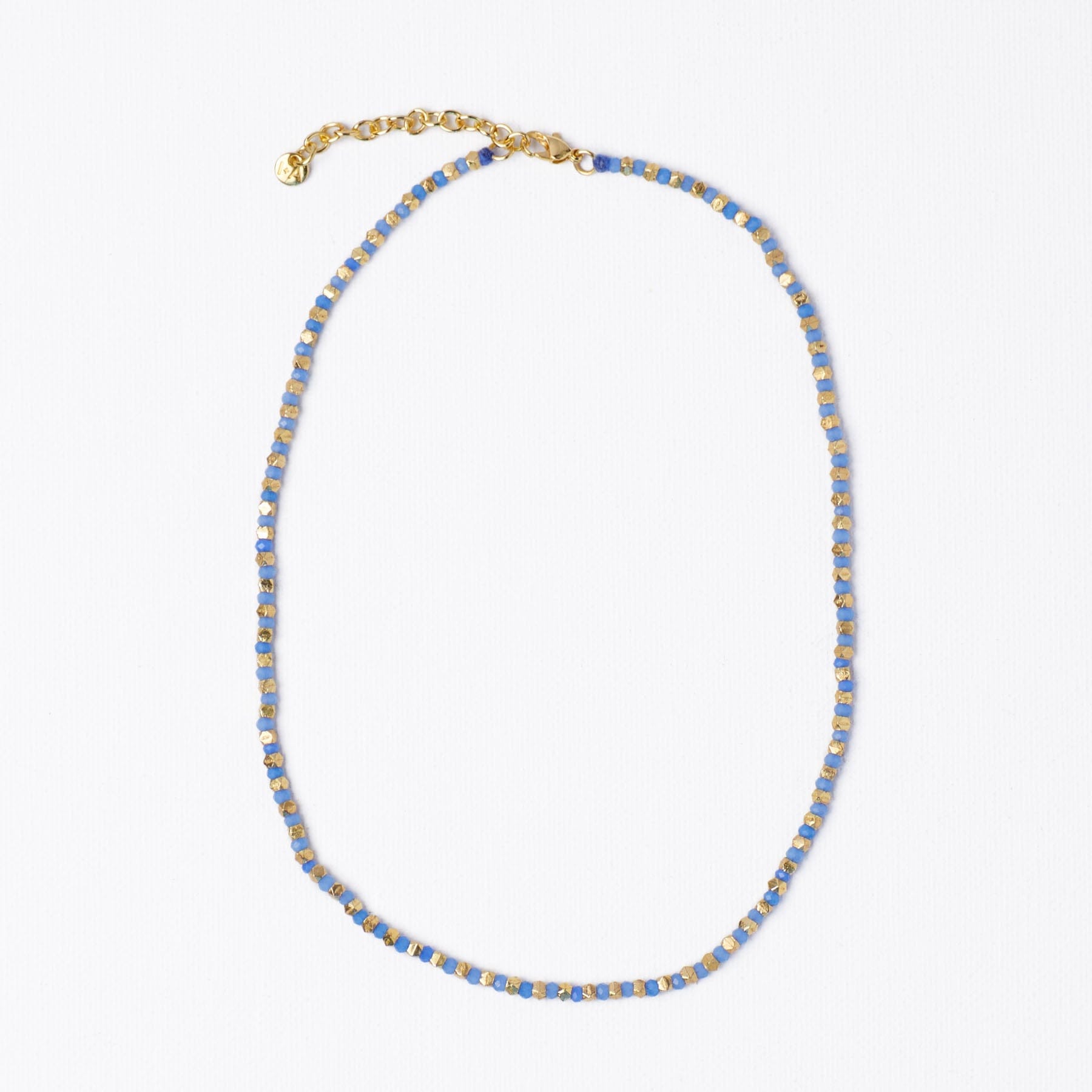 Maren Crystal Necklace With Alternating Brass Beads Blue + Gold Wholesale