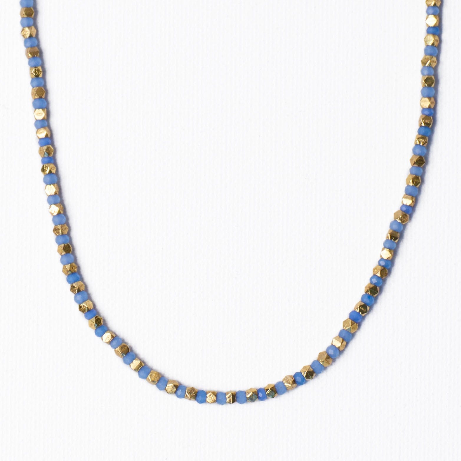 Maren Crystal Necklace With Alternating Brass Beads Blue + Gold Wholesale