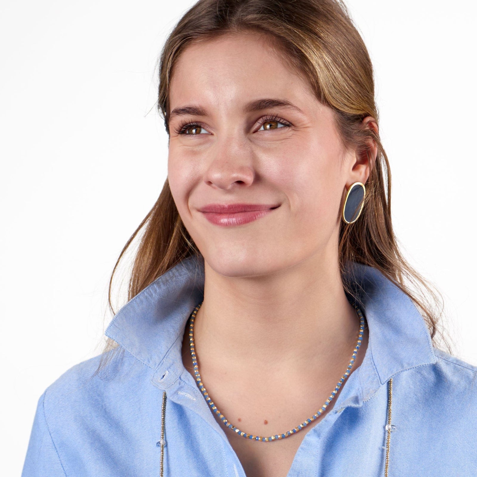 Maren Crystal Necklace With Alternating Brass Beads Blue + Gold Wholesale