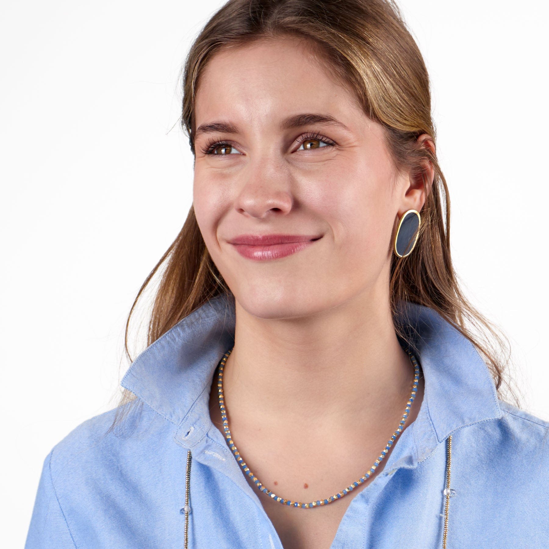 Maren Crystal Necklace With Alternating Brass Beads Blue + Gold Wholesale