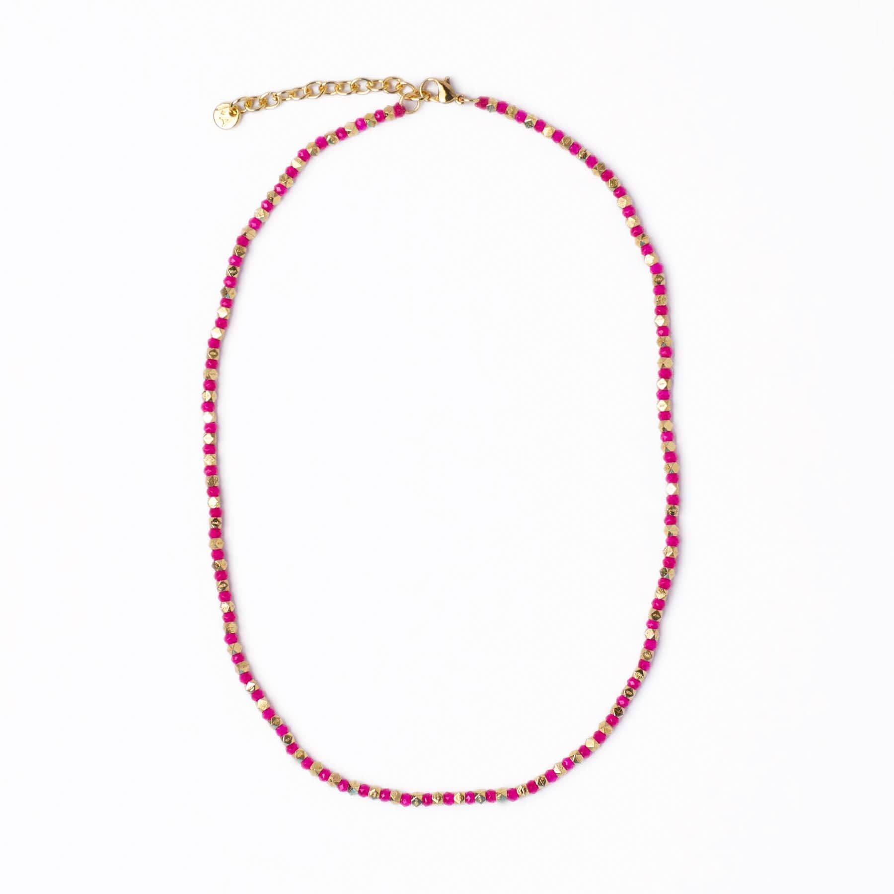 Maren Crystal Necklace With Alternating Brass Beads Hot Pink + Gold Wholesale