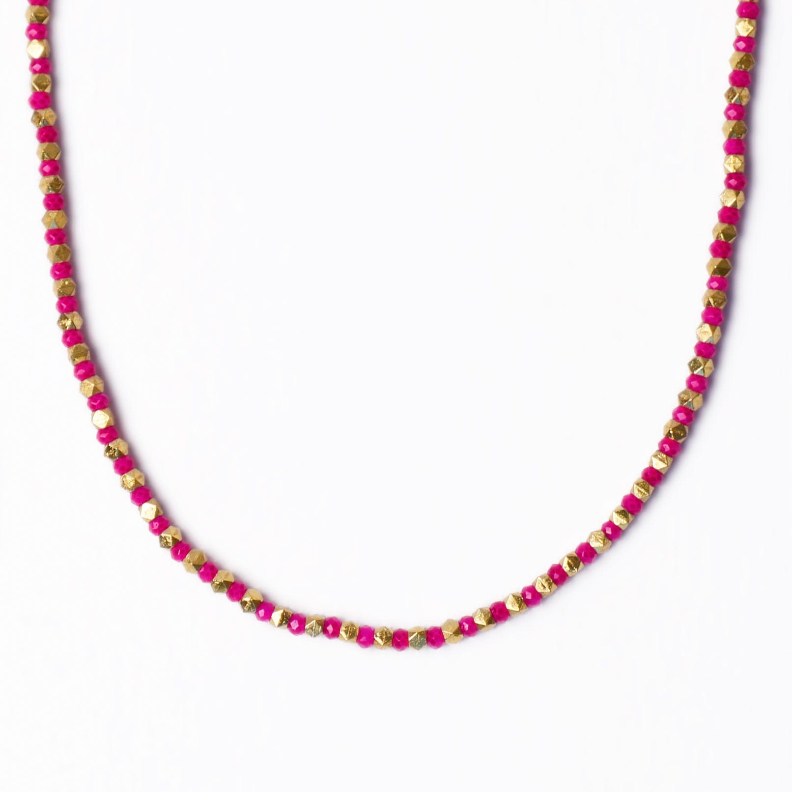 Maren Crystal Necklace With Alternating Brass Beads Hot Pink + Gold Wholesale