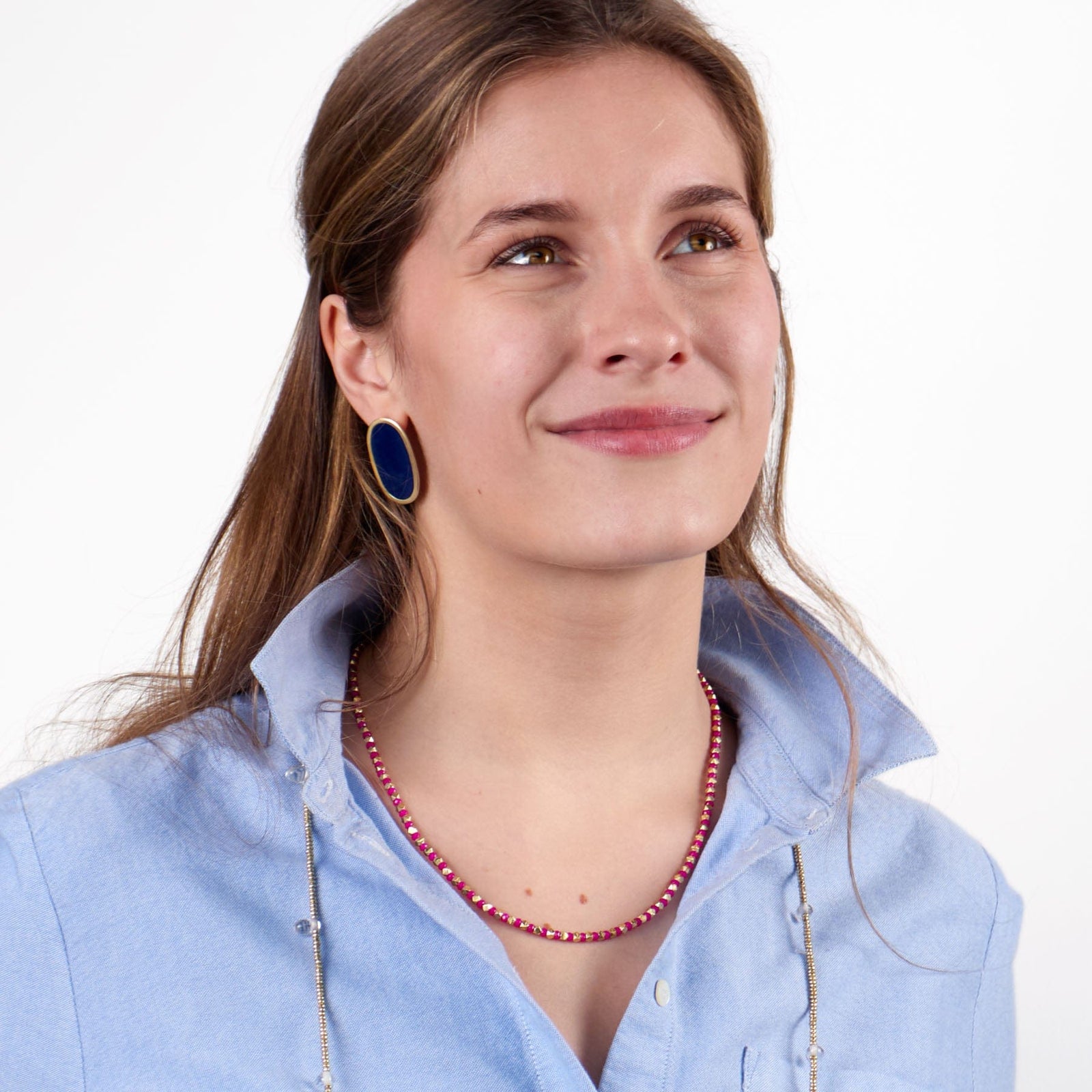 Maren Crystal Necklace With Alternating Brass Beads Hot Pink + Gold Wholesale