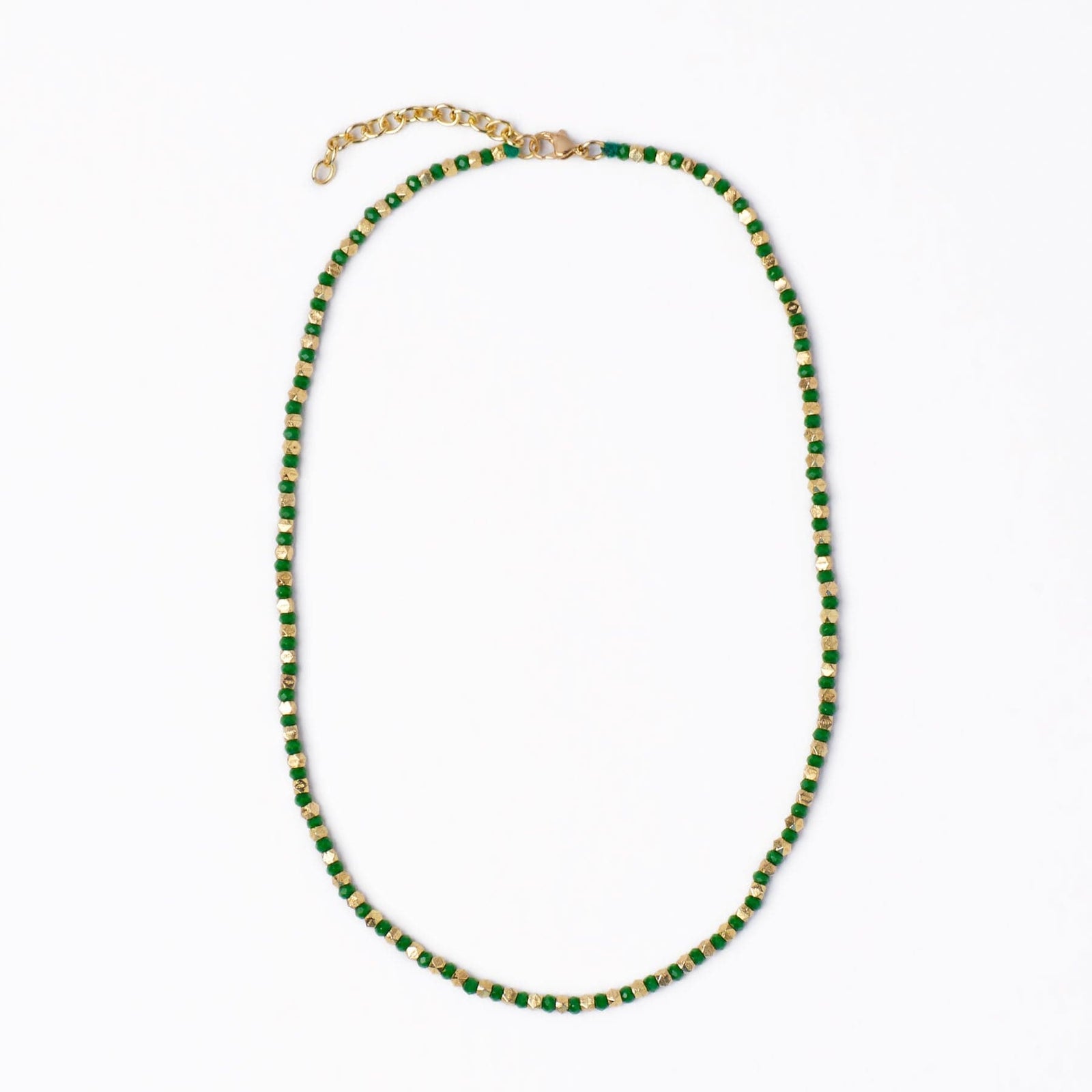 Maren Crystal Necklace With Alternating Brass Beads Kelly Green + Gold Wholesale