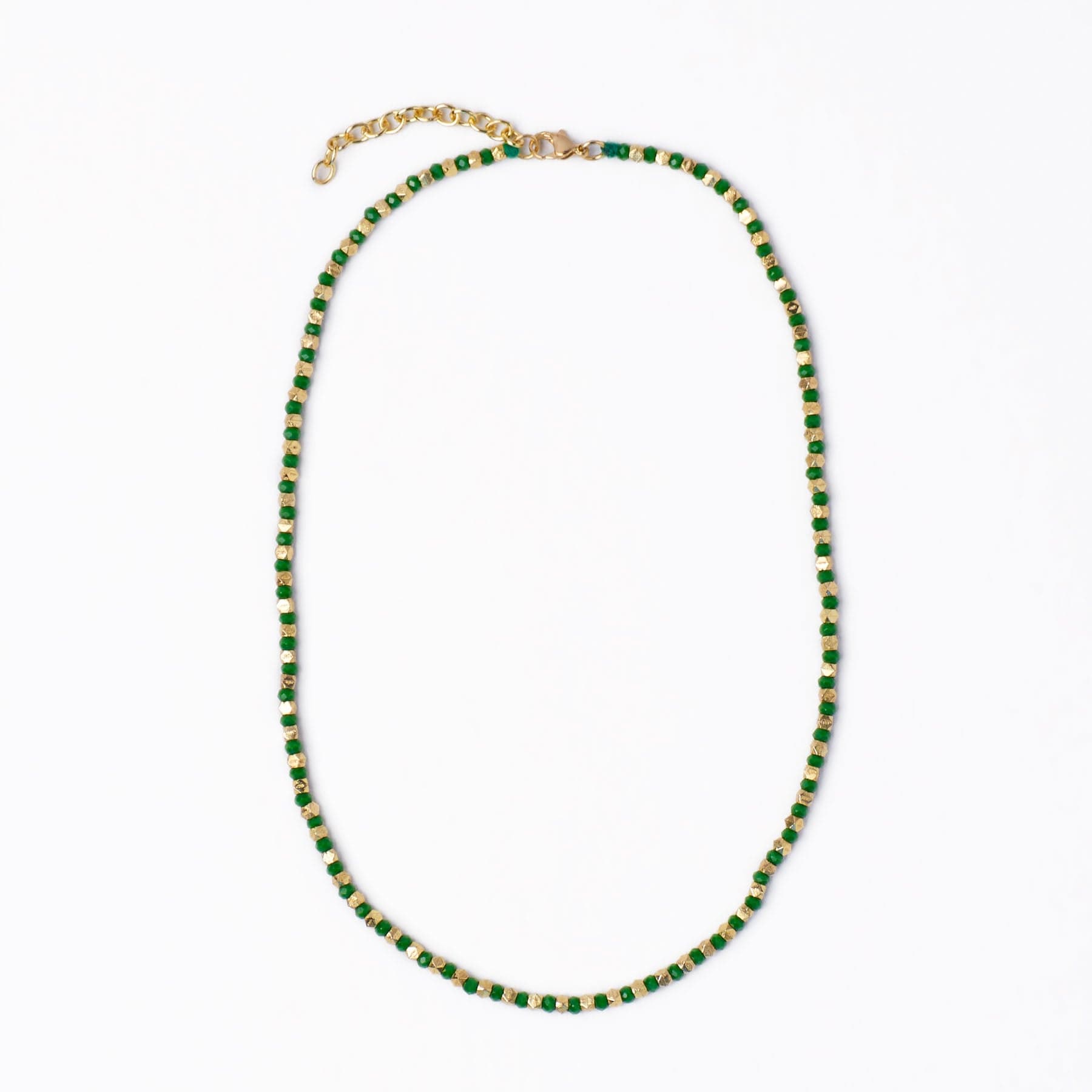 Maren Crystal Necklace With Alternating Brass Beads Kelly Green + Gold Wholesale