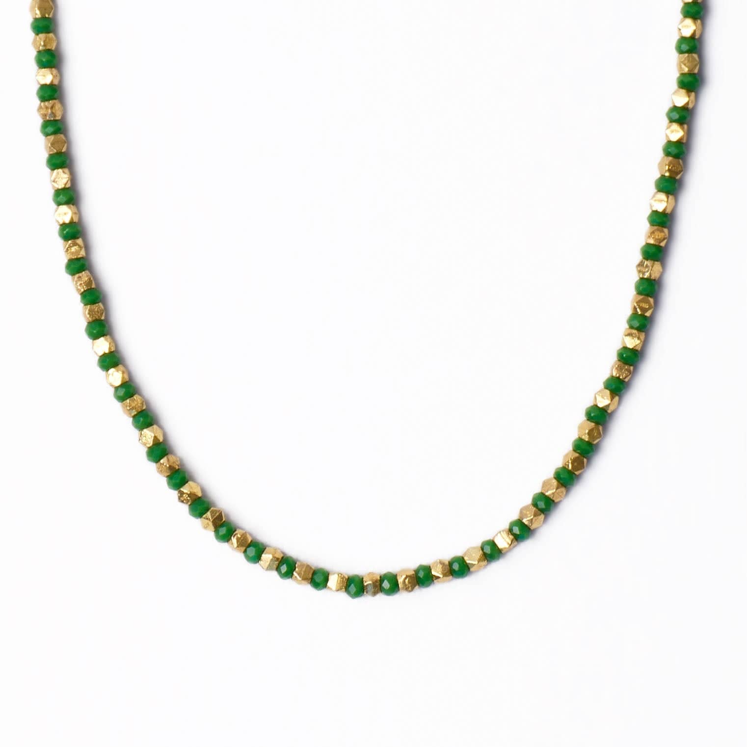 Maren Crystal Necklace With Alternating Brass Beads Kelly Green + Gold Wholesale