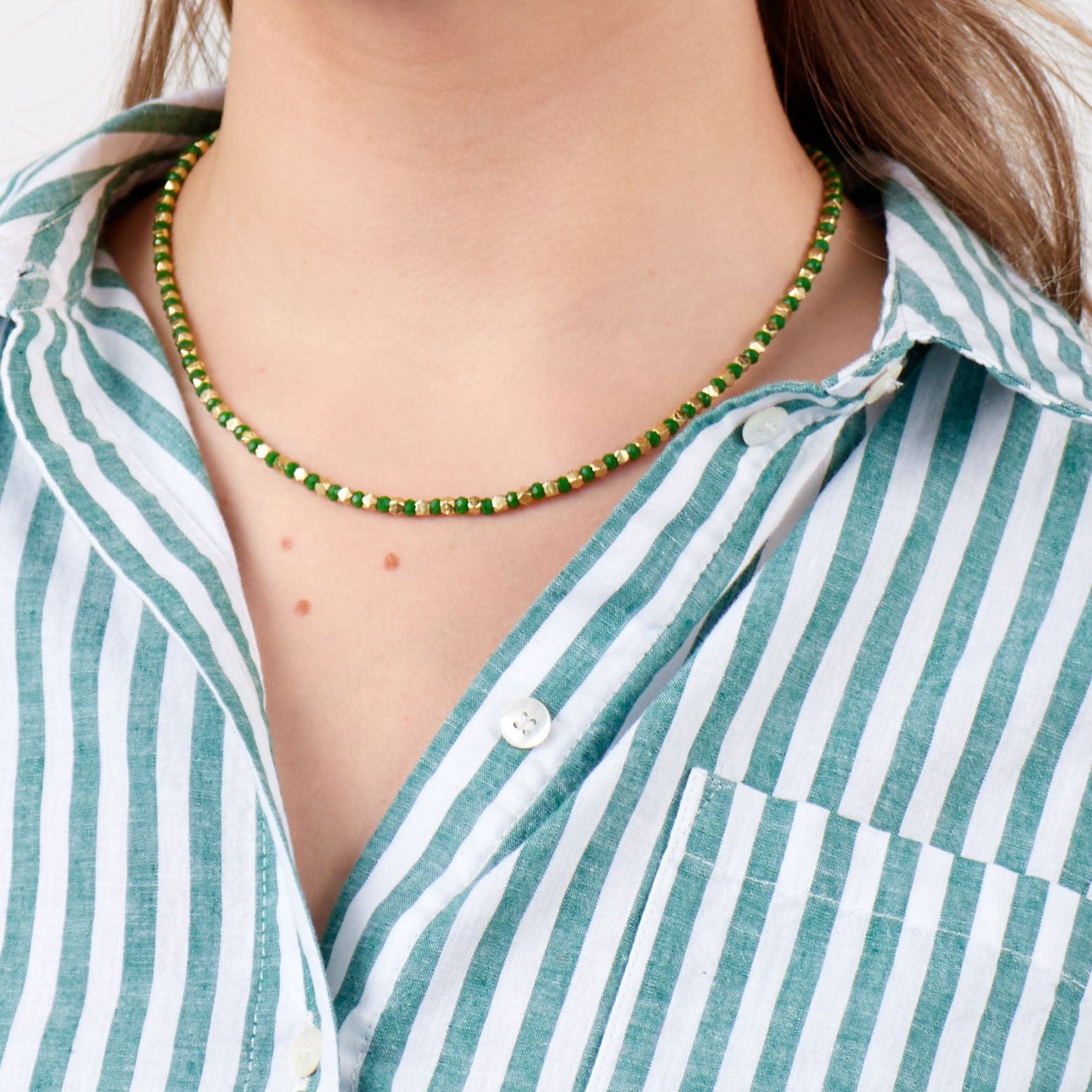 Maren Crystal Necklace With Alternating Brass Beads Kelly Green + Gold Wholesale