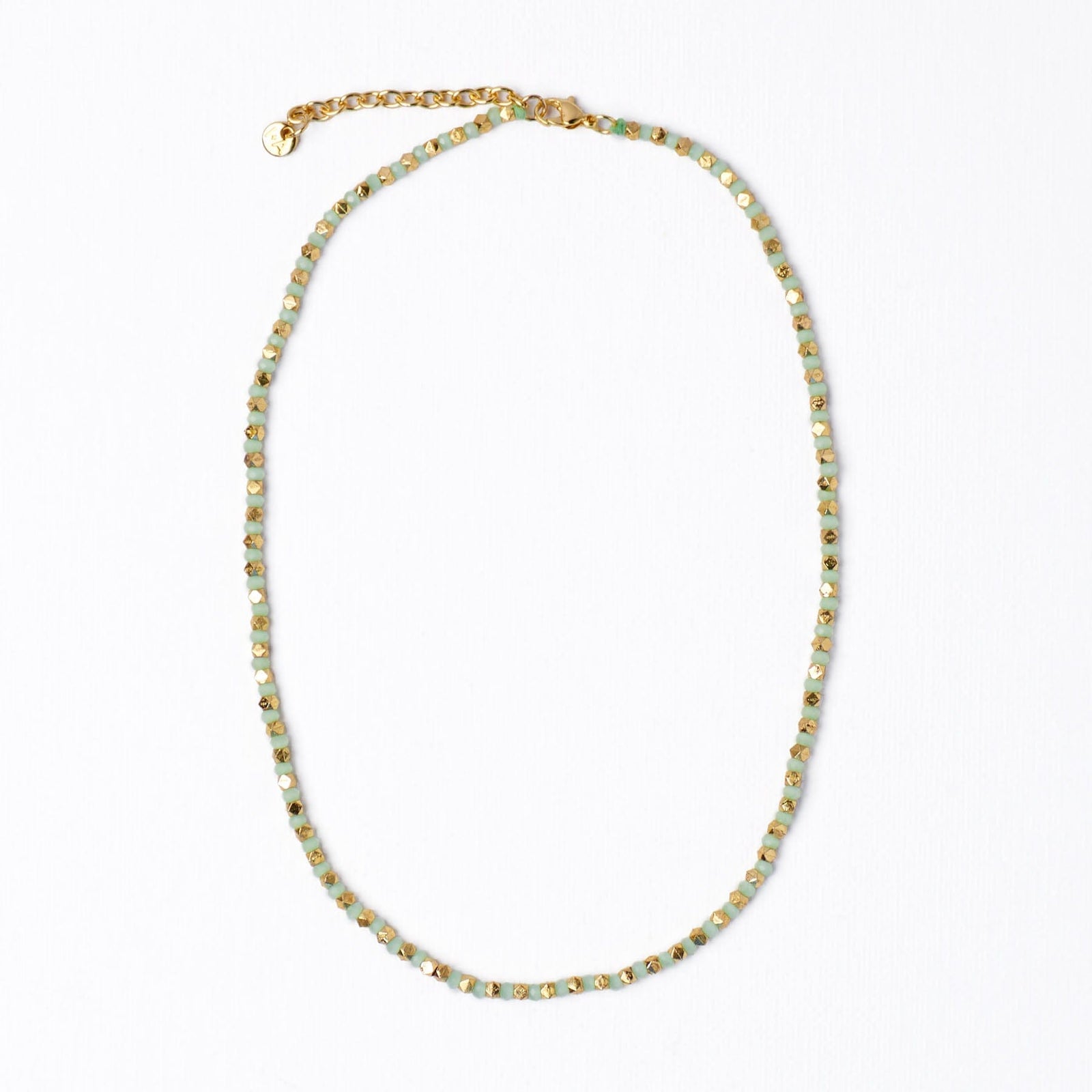 Maren Crystal Necklace With Alternating Brass Beads Mint + Gold Wholesale