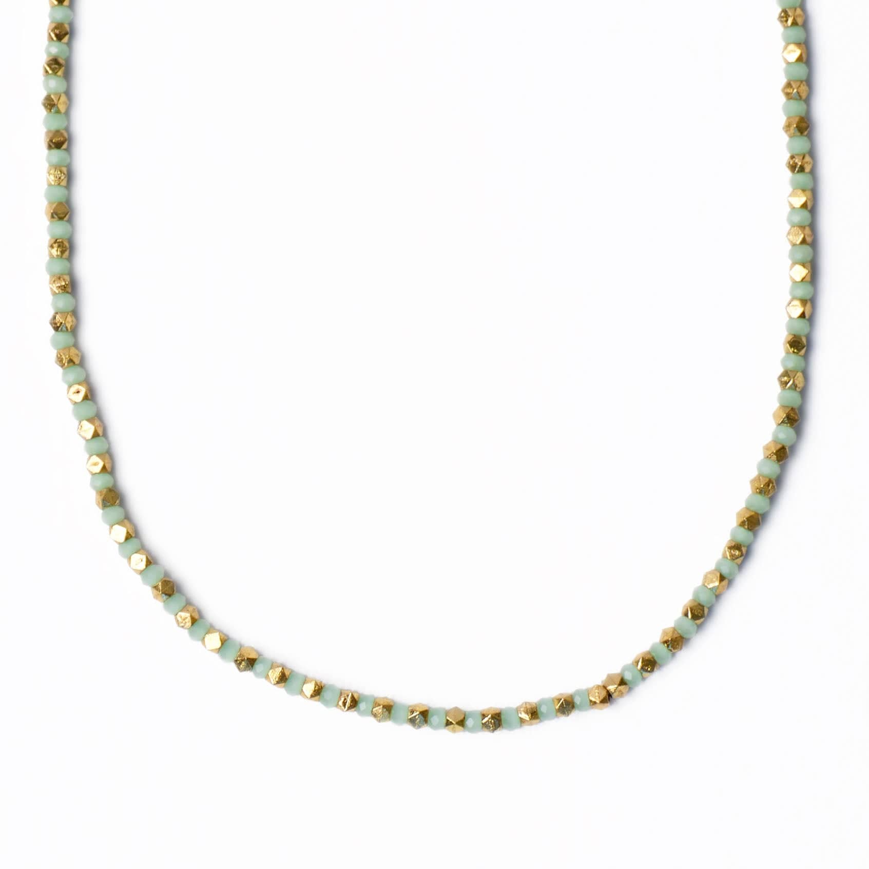 Maren Crystal Necklace With Alternating Brass Beads Mint + Gold Wholesale