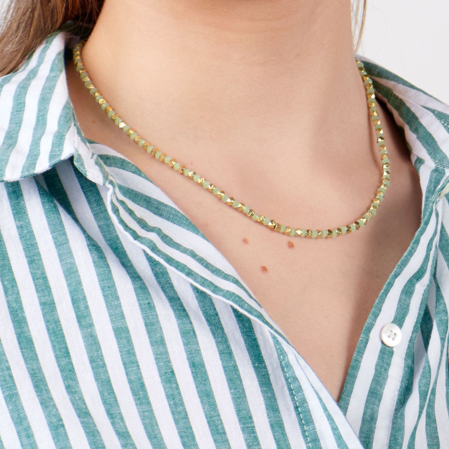 Maren Crystal Necklace With Alternating Brass Beads Mint + Gold Wholesale