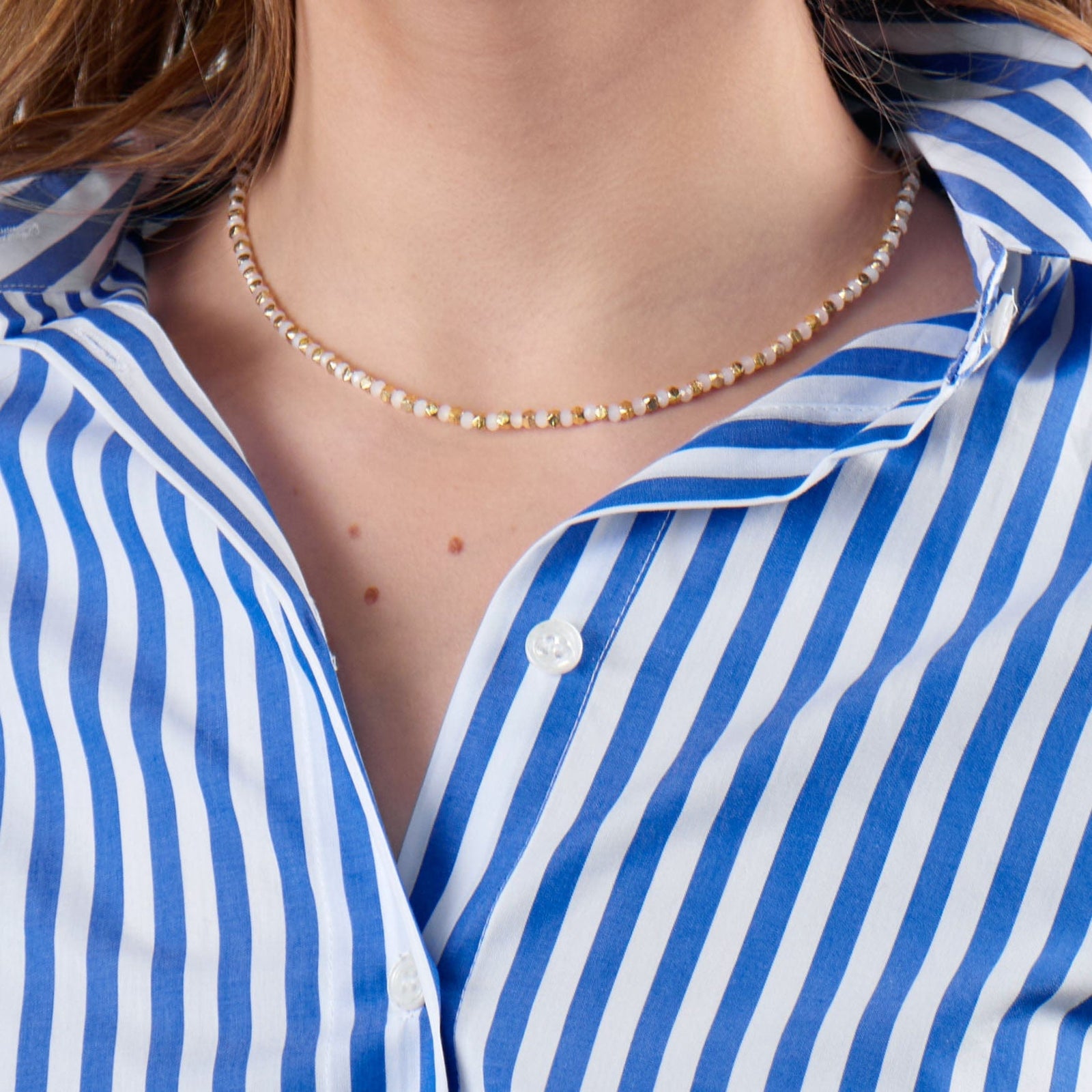 Maren Crystal Necklace With Alternating Brass Beads White + Gold Wholesale