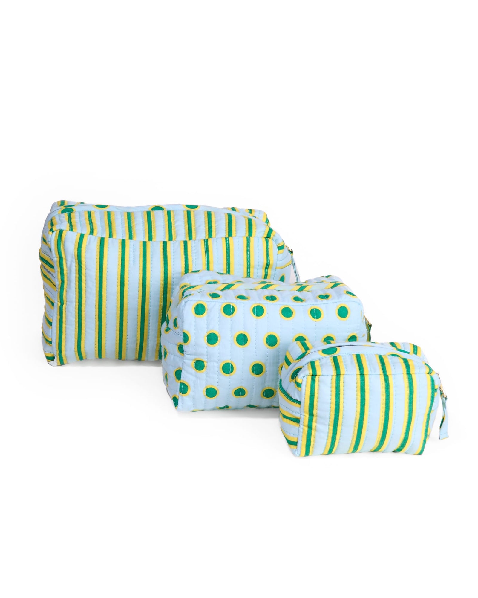 Frenchie 3 Piece Cosmetic Bag Set Light Blue + Citron