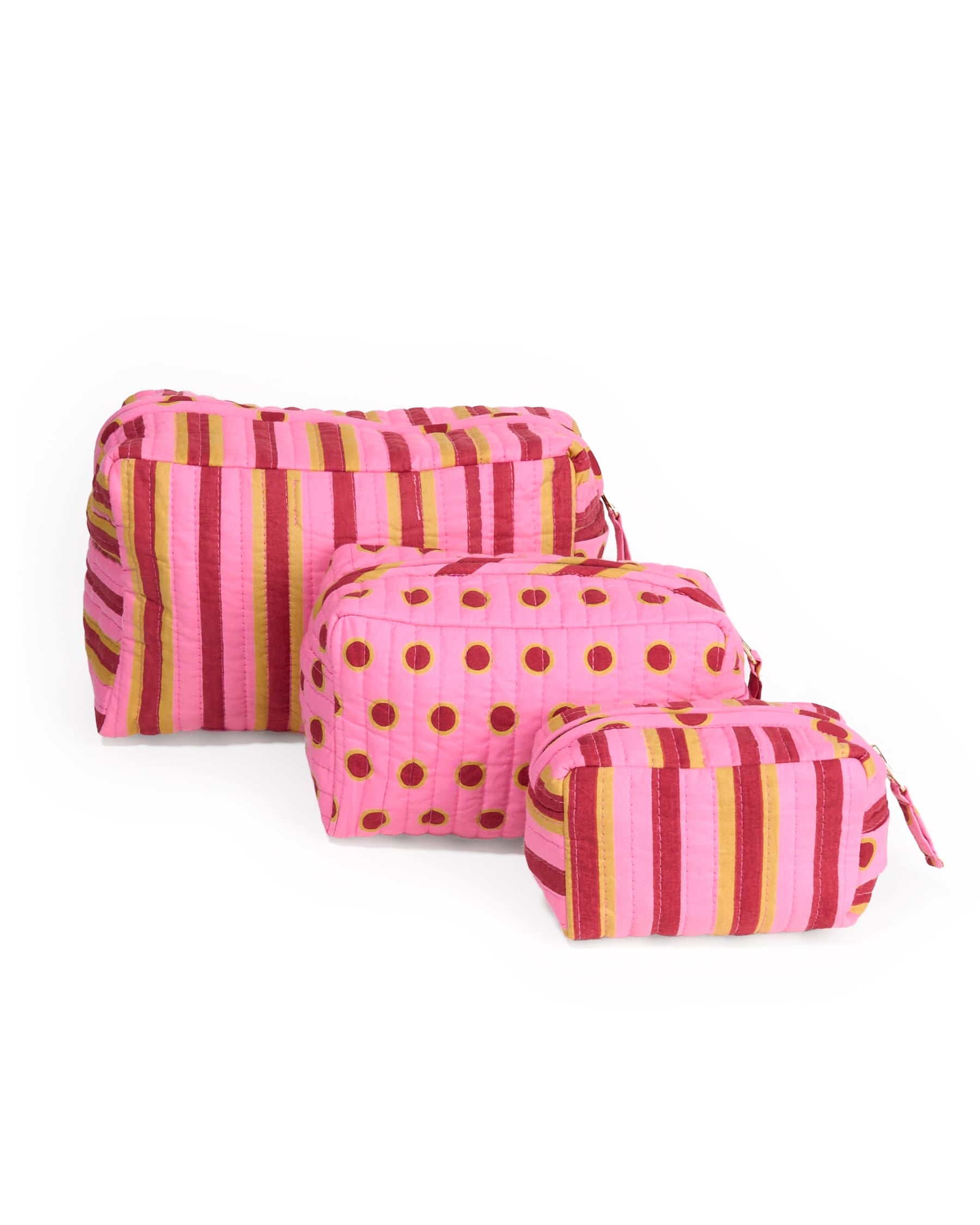 Frenchie 3 Piece Cosmetic Bag Set Camel + Pink