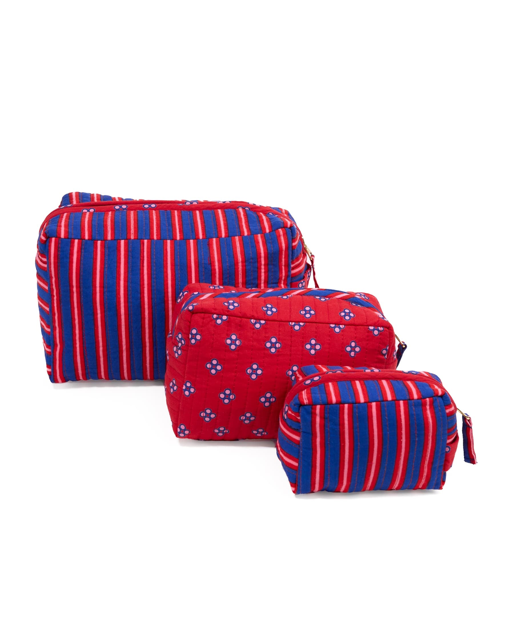 Frenchie 3 Piece Cosmetic Bag Set Navy + Red